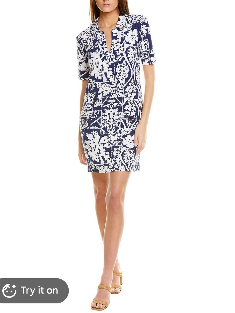 Tori Richard Jaxon Navy and White Floral Tunic Swim Cover-Up Dress Sz M